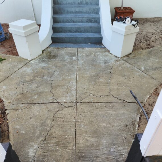Decorative concrete patio in a residential backyard